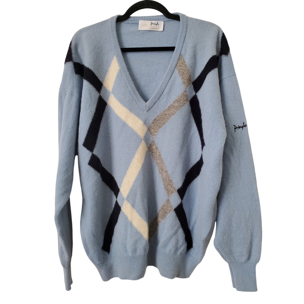 Pringle Scotland Men's Blue Argyle VNeck 100% Wool Sweater Size‎ L Pullover